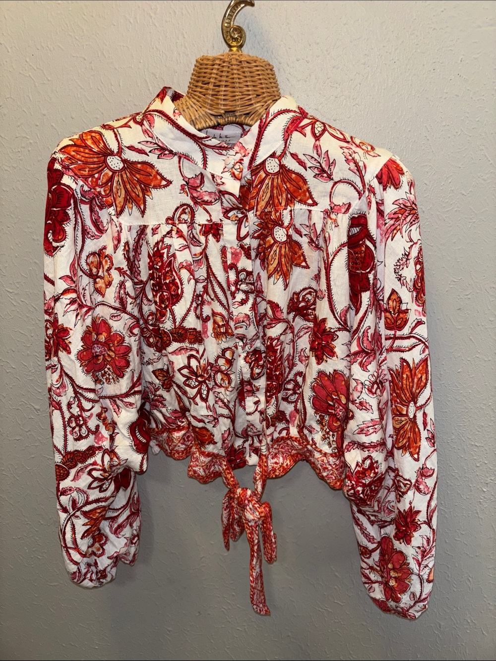 Nicole Miller Linen Boho Floral Festival Crop Top Blouse Romantic Women’s Large